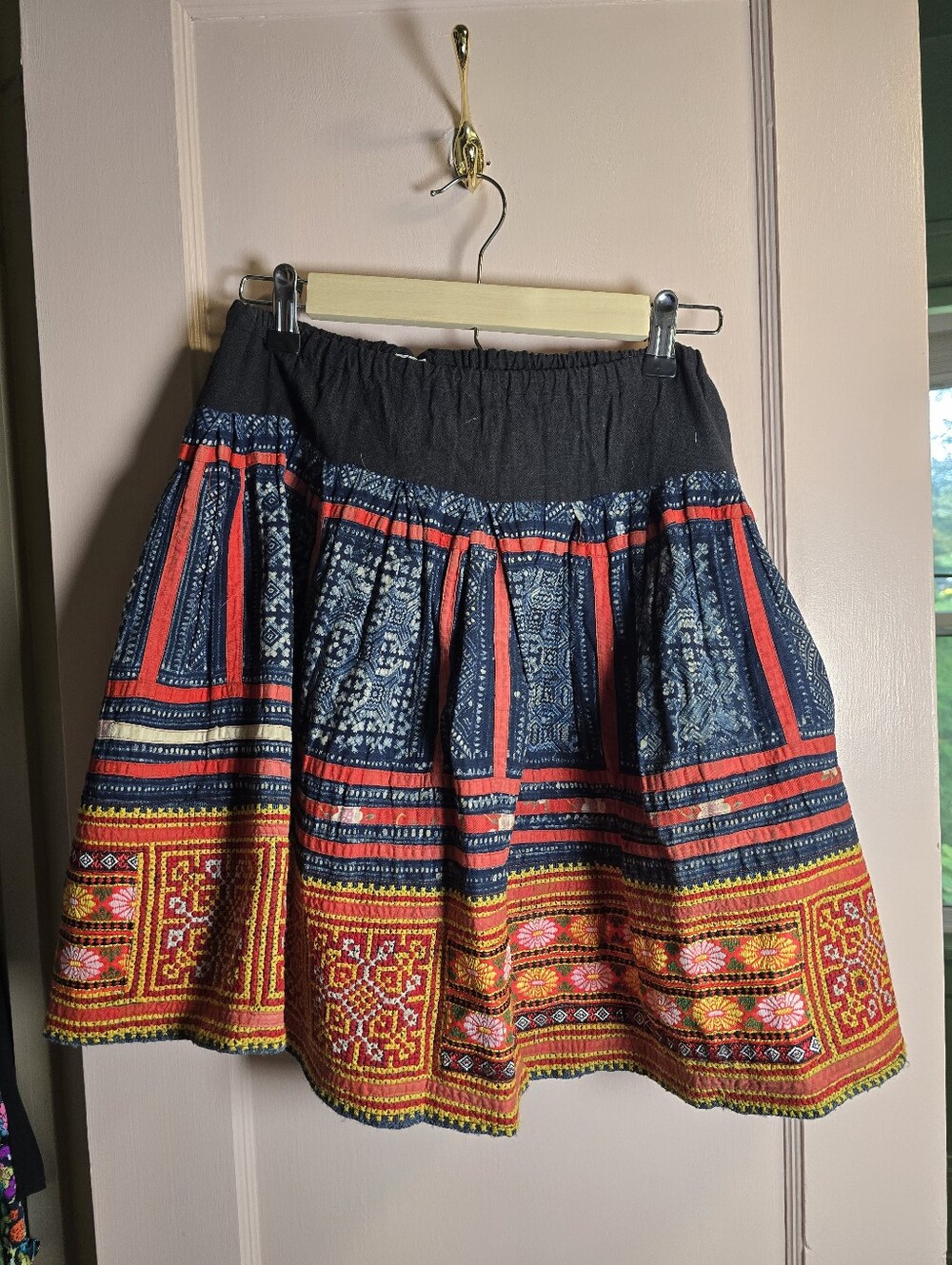 Vietnamese Boho Embroidered Skirt in Navy Size Medium